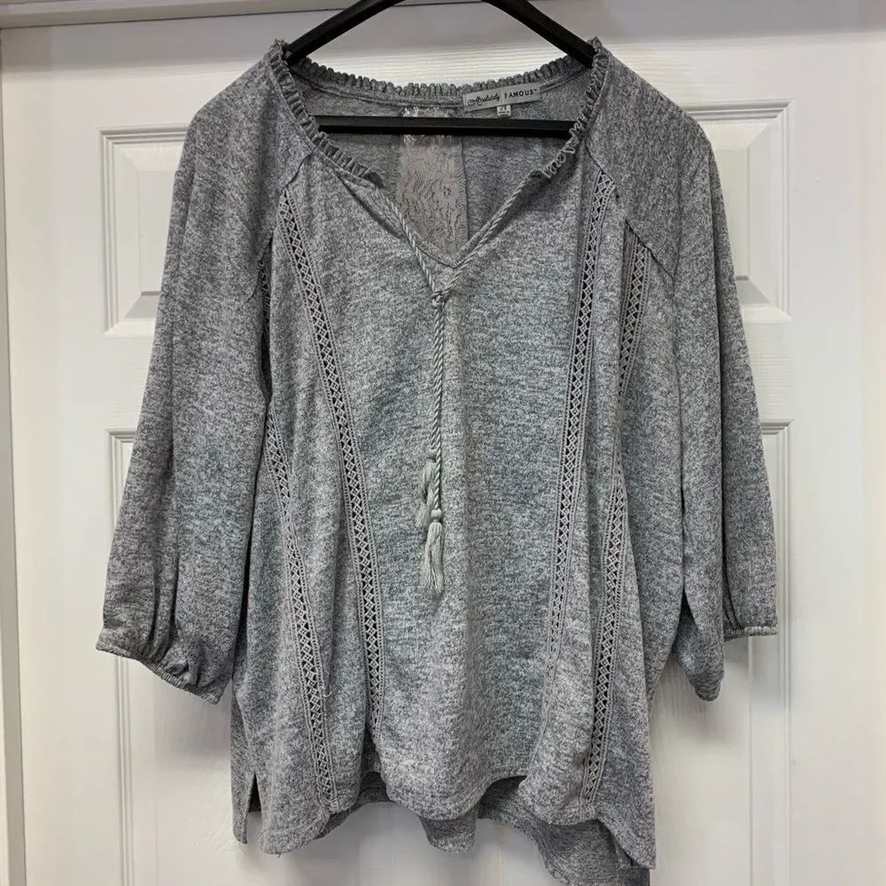 Absolutely Famous Gray Tassel Tie Crochet & Lace Tunic Blouse sz 2X
